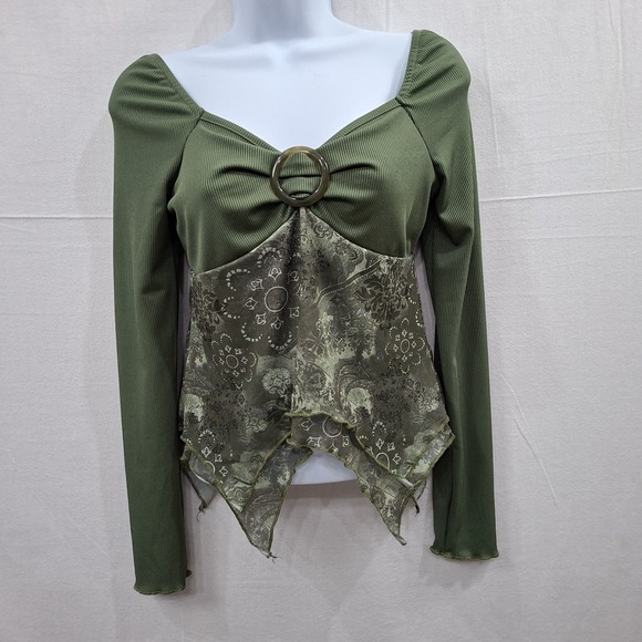 ROMWE Tops - Y2K Babydoll Top XS Green Paisley long Sleeve Fairy Grunge Goblincore Asymmetric